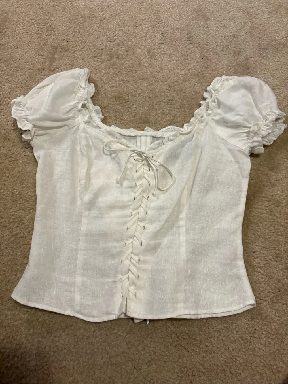 Reformation Cream Lace-Up Puff Sleeve Blouse